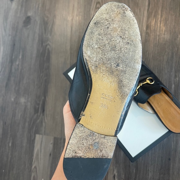 Authentic GUCCI PRINCETOWN LEATHER SLIPPER slides mules black gold 38.5 loafers - Picture 8 of 16
